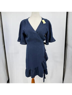 Women's Gap Linen Navy Blue Short Sleeve Wrap Dress Large